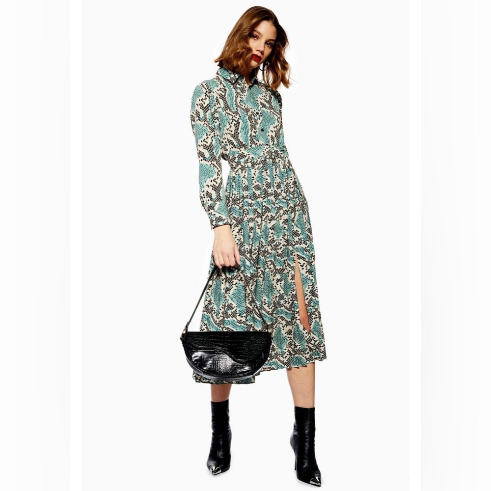 TOPSHOP SNAKE PRINT MIDI SHIRT DRESS SIZE 10
